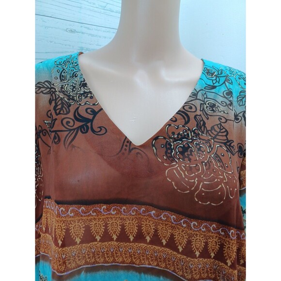 Cato Chiffon Blouse Turquoise Brown Gold Sz 22/24W - Picture 2 of 11